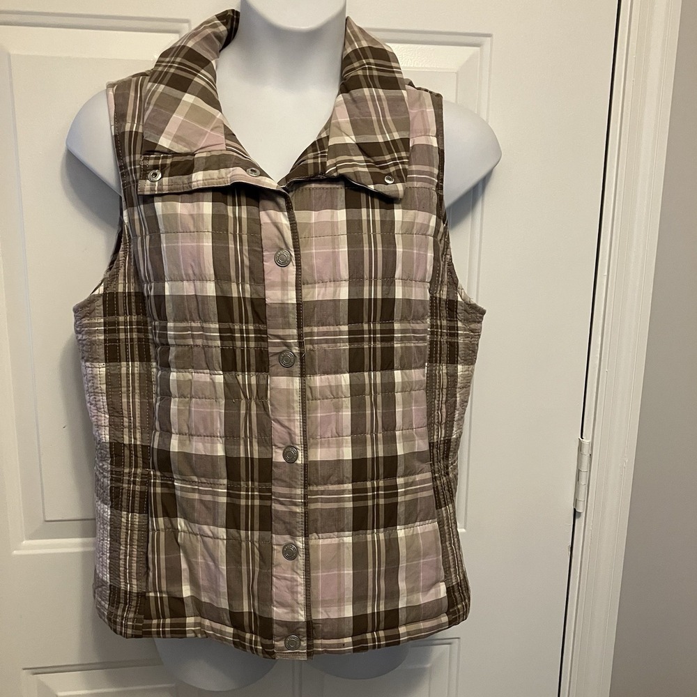 BANDOLINO BLU‎ Sz XL Women's Madras Plaid Quilted Vest Brown Pink Ivory